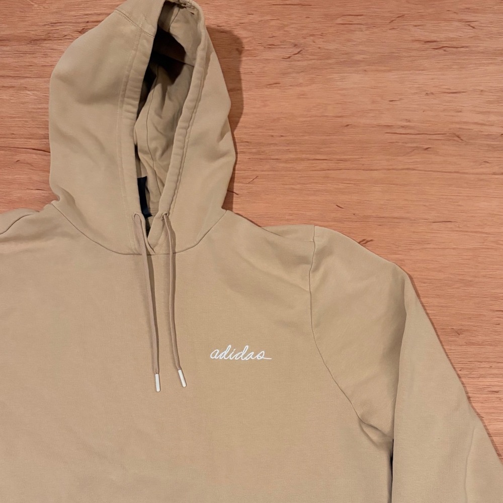 Adidas Script Logo Hoodie Tan Beige Pullover Sweatshirt Mens Large L L16-18